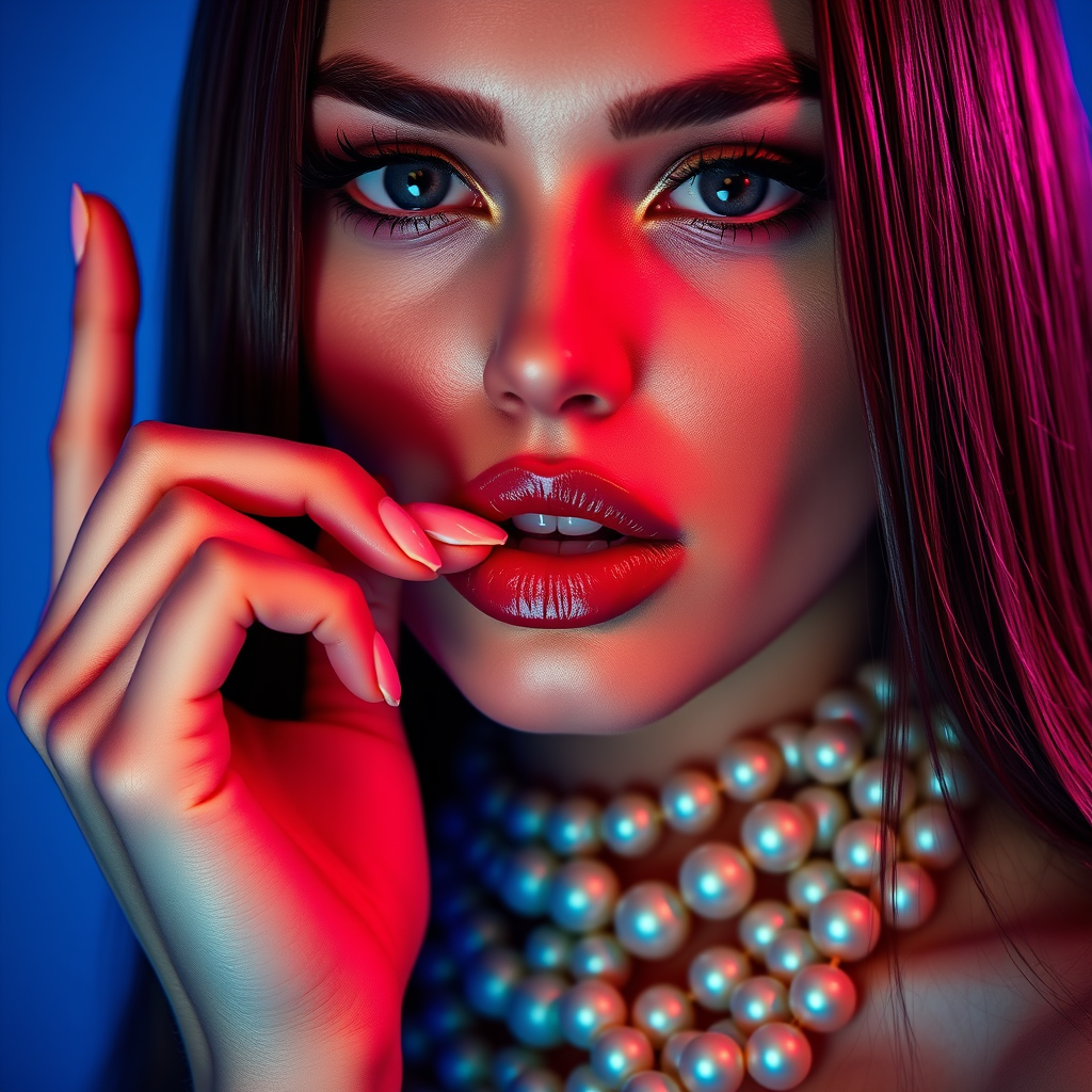Seductive Woman with Pearls in Neon Blue Lighting