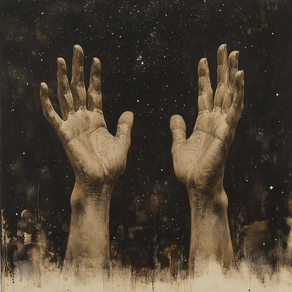 Seeking Guidance: Hands Reaching to Starlit Sky