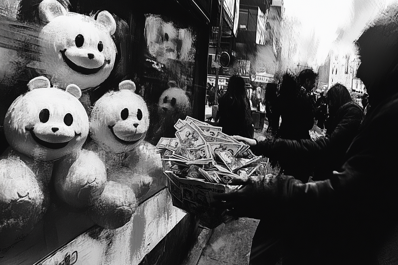 Selling happy wind up bears on street.