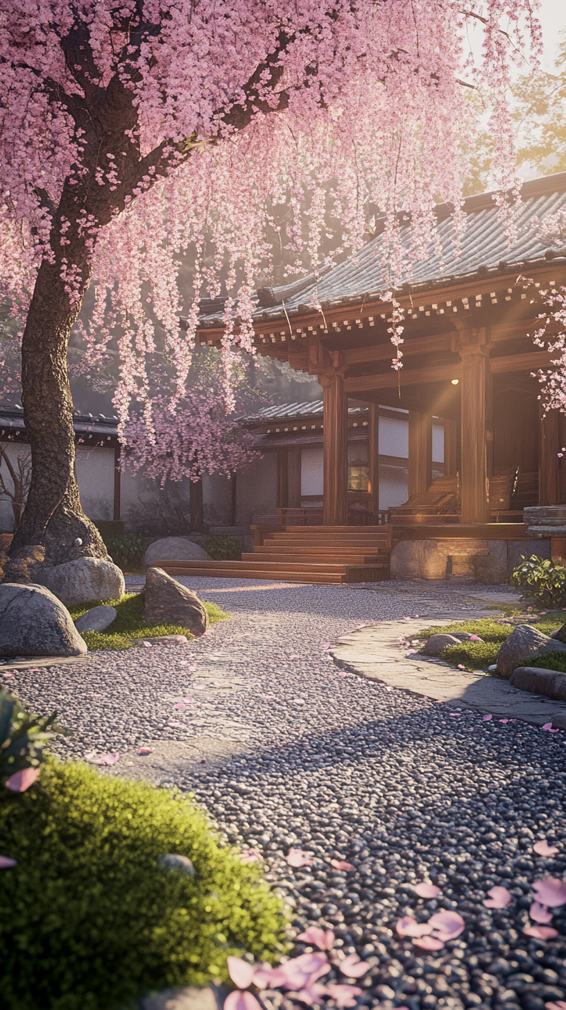 Serene Japanese Zen Temple Garden with Cherry Blossoms