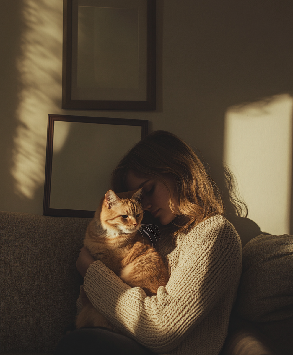 Serene Moment: Woman Holding Red Cat on Sofa