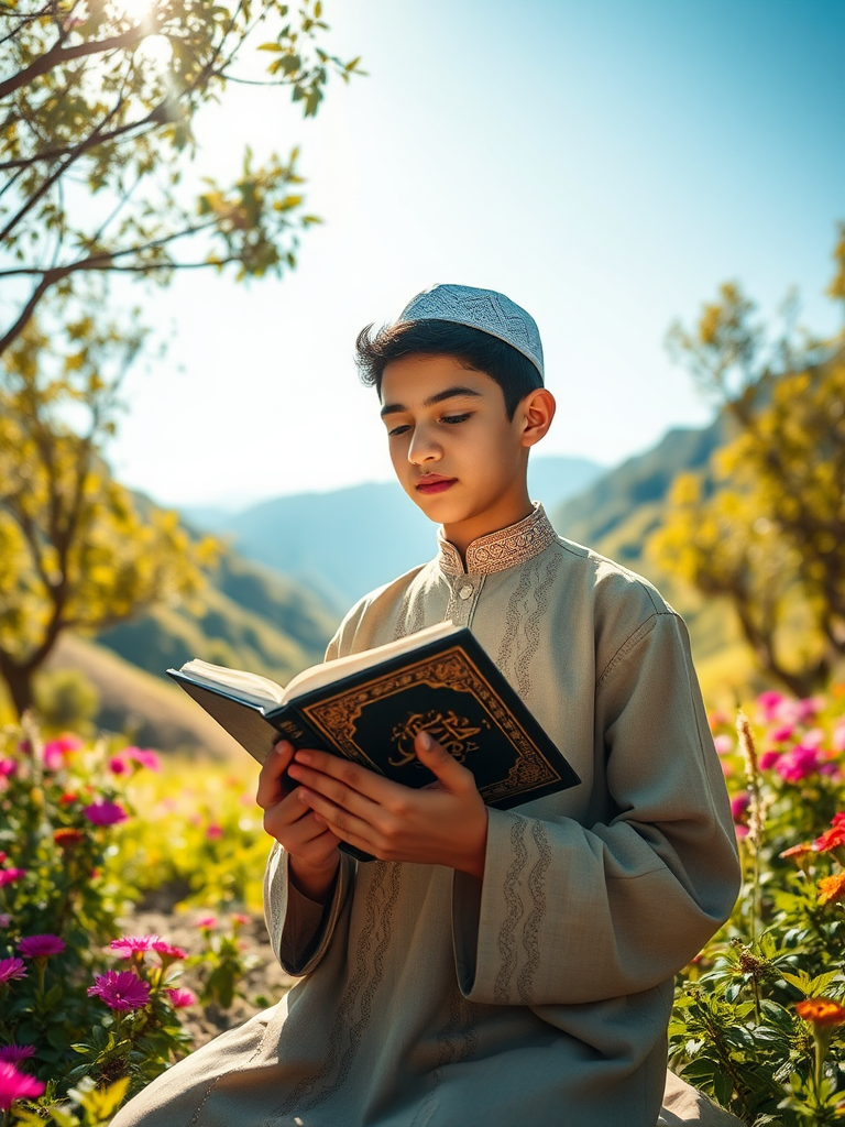 Serene Muslim boy reading Quran in beautiful valley