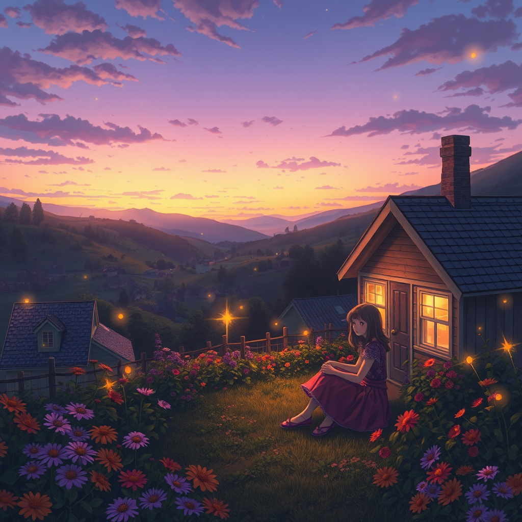 Serene Twilight Village with Mia and Fireflies