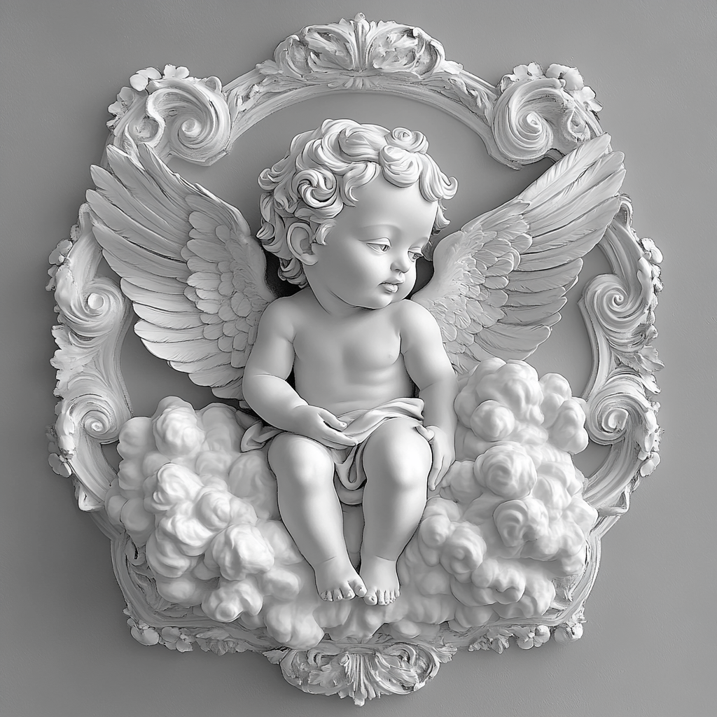 Serene cherub framed by ornate details in monochrome