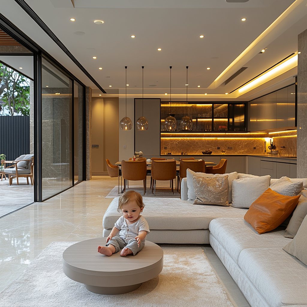 Serene child playing in cozy, modern living room