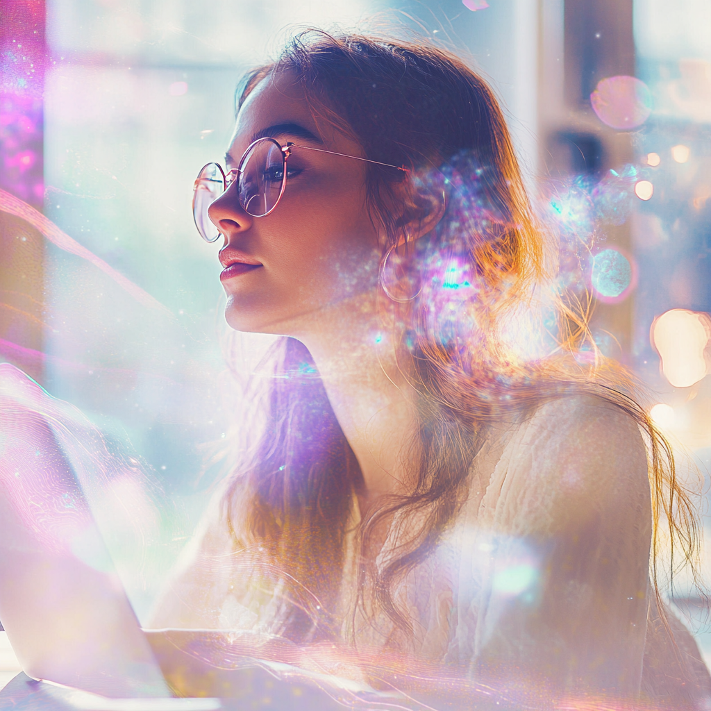 Serene entrepreneur in bright workspace with laptop and journal.