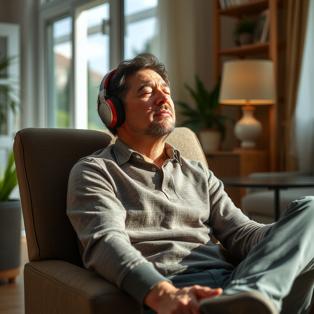 Serene man wears headphones, listens to classical music.
