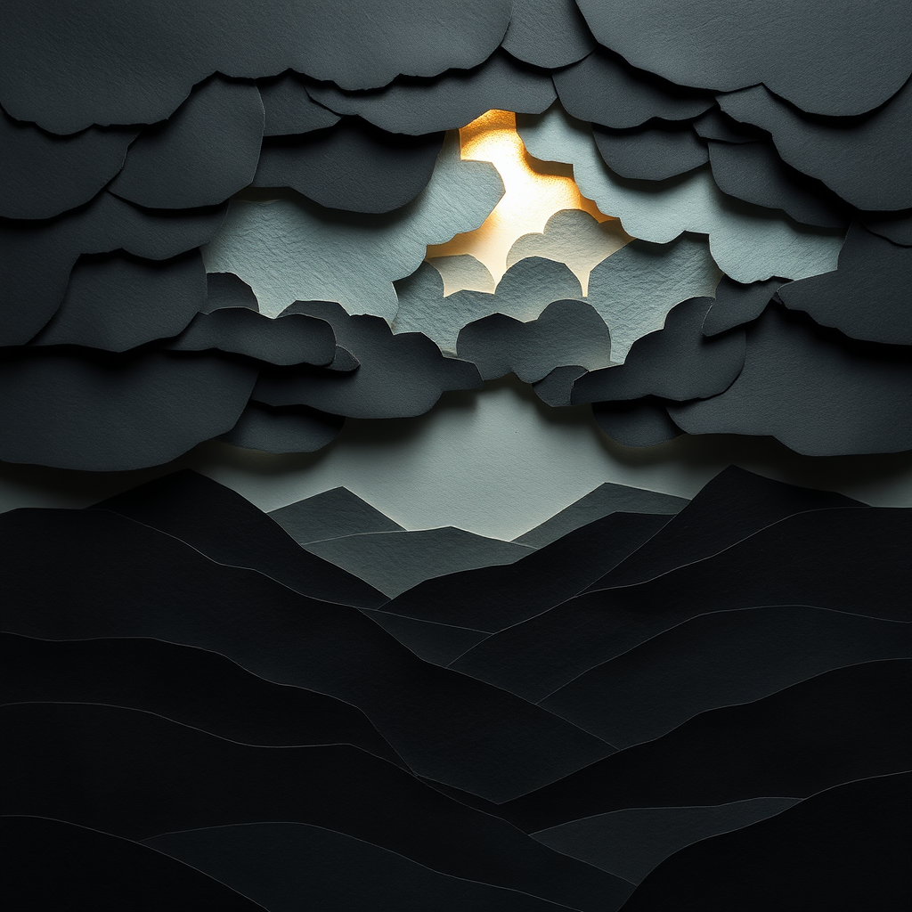 Serene paper landscape with dark storm approaching.