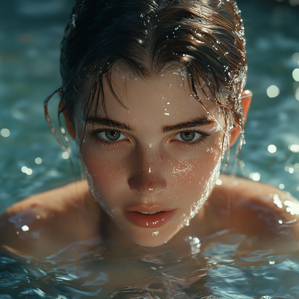 Serene woman rising from water in natural light