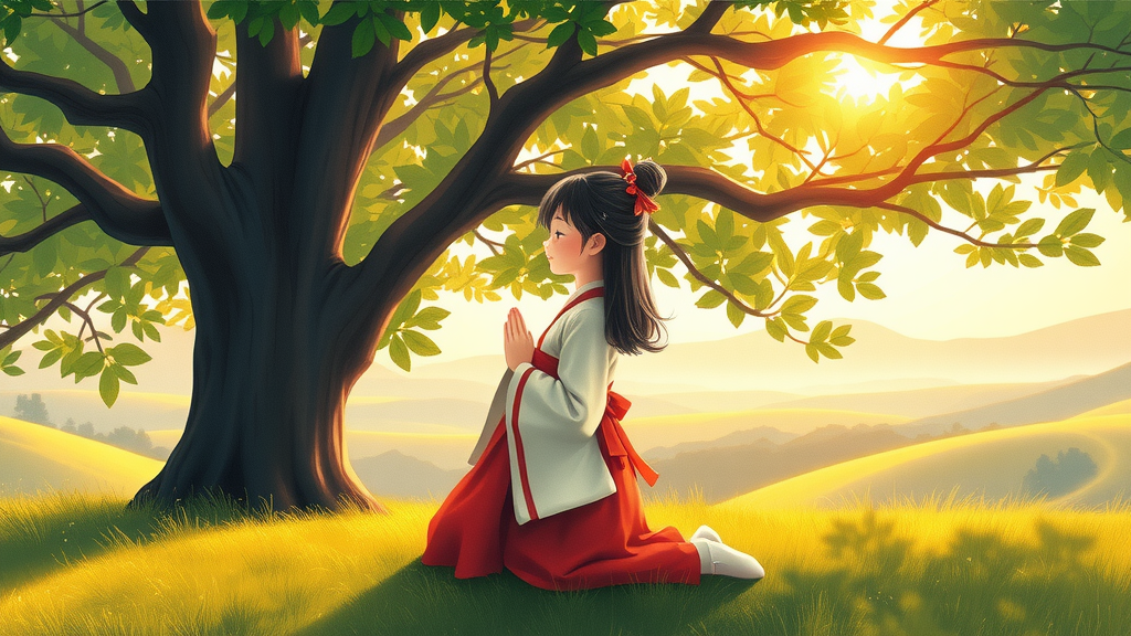 Serene young girl praying under tree in nature