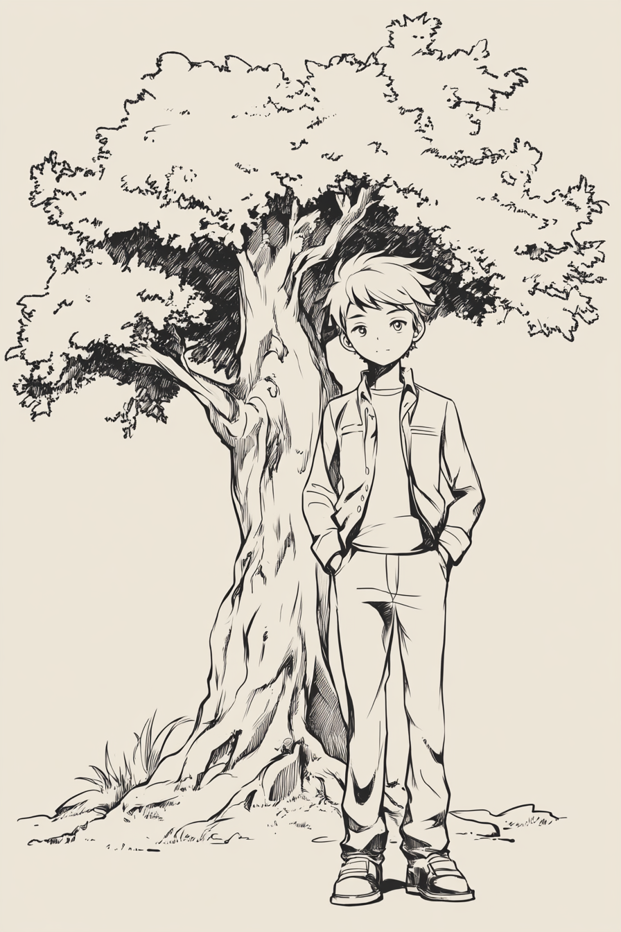 Serious Boy and Large Tree in Anime Style