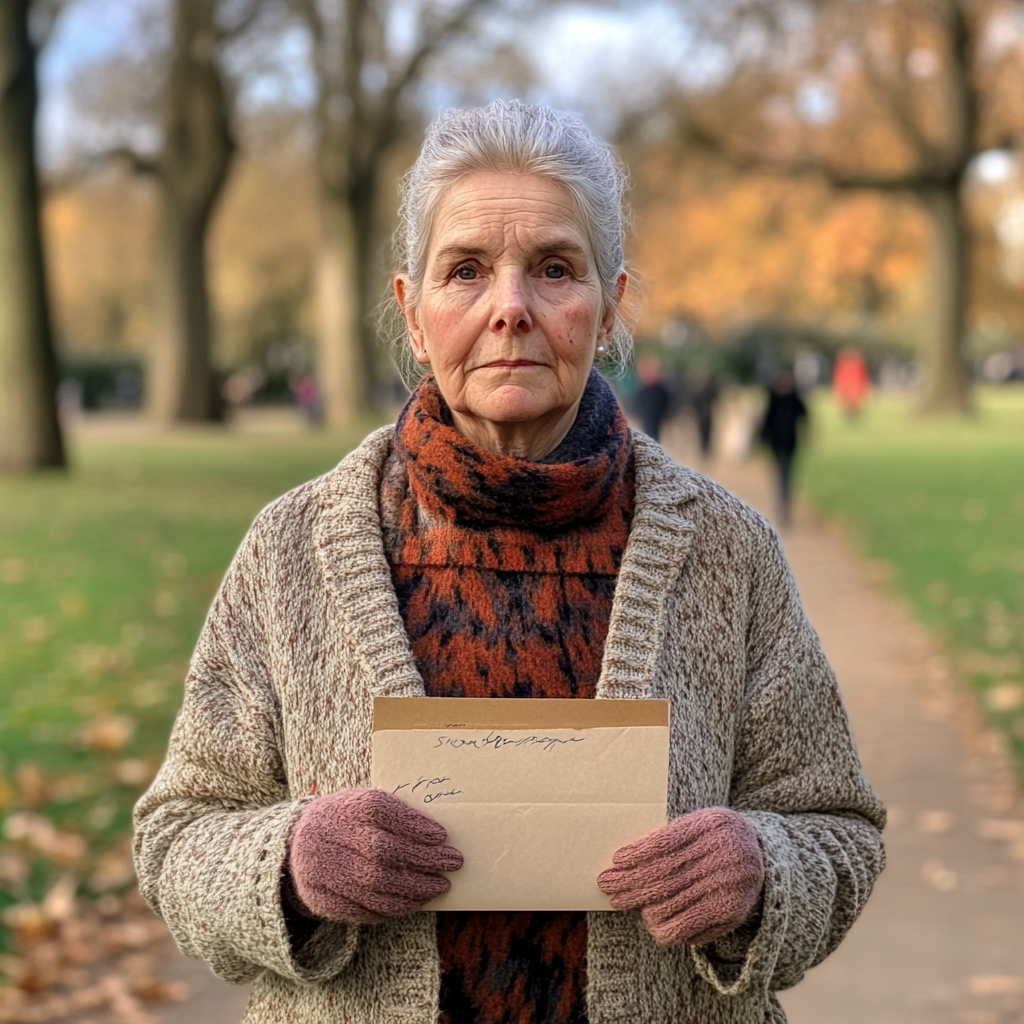 Serious Elderly Woman with Envelope in Park