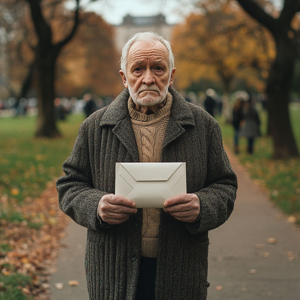 Serious Man Holds Envelope in Park