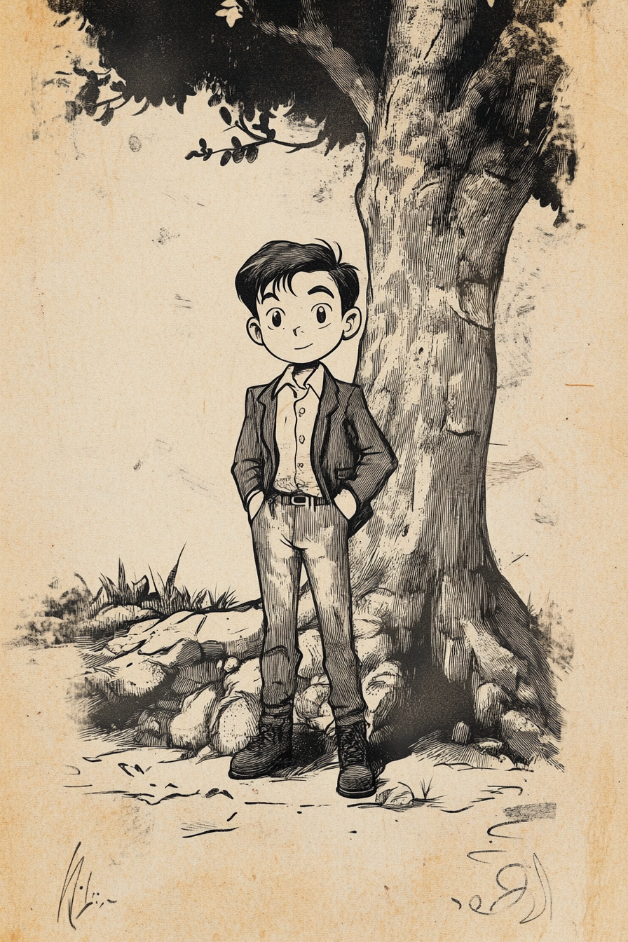 Serious boy in classic suit standing by tree.