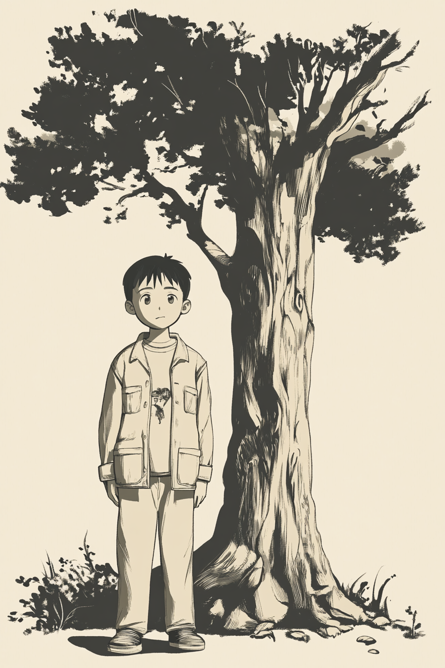 Serious boy in oversized suit next to large tree