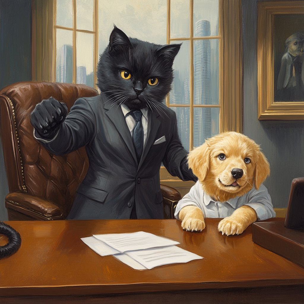 Serious cat fires puppy in dramatic office scene.