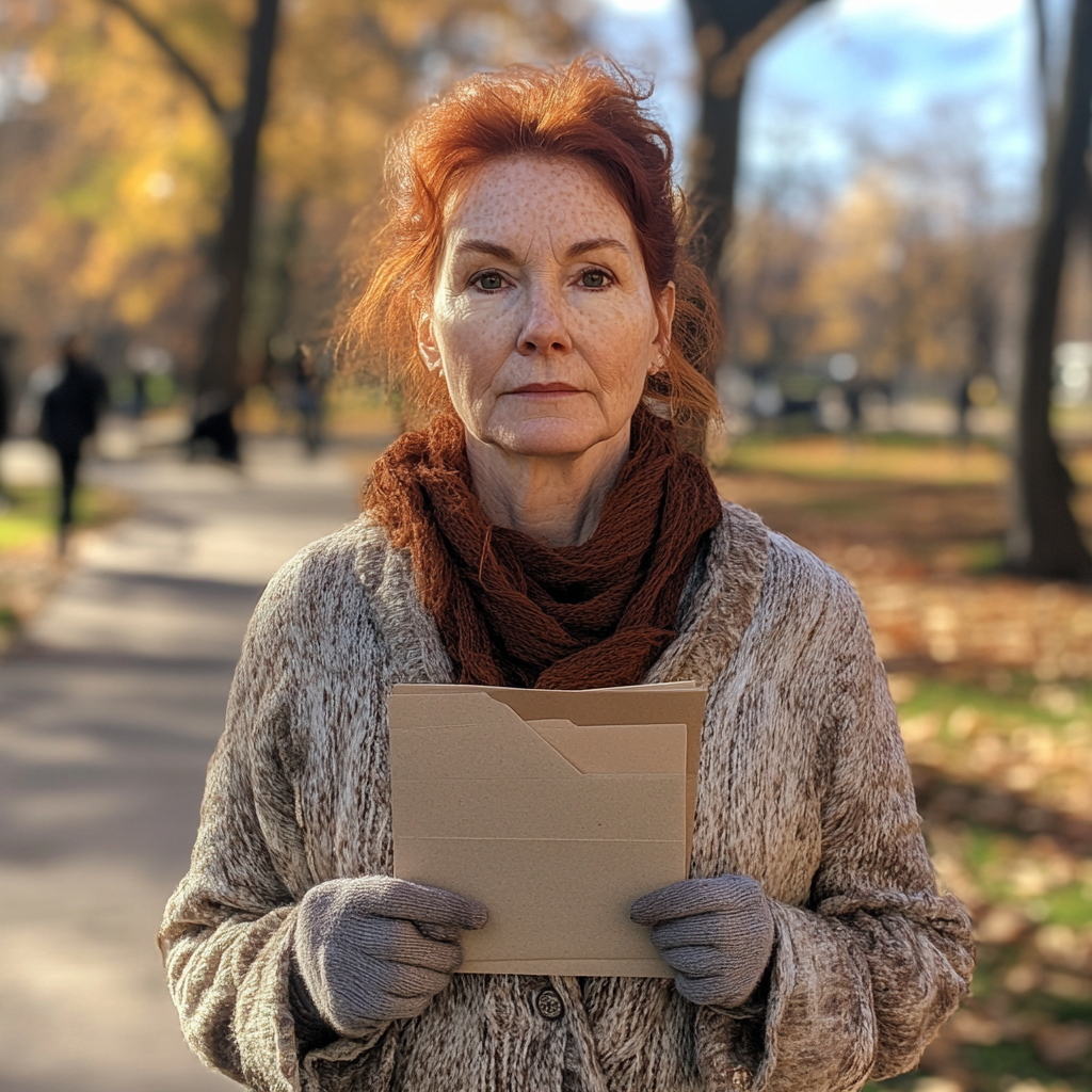 Red-headed woman holding envelope in park