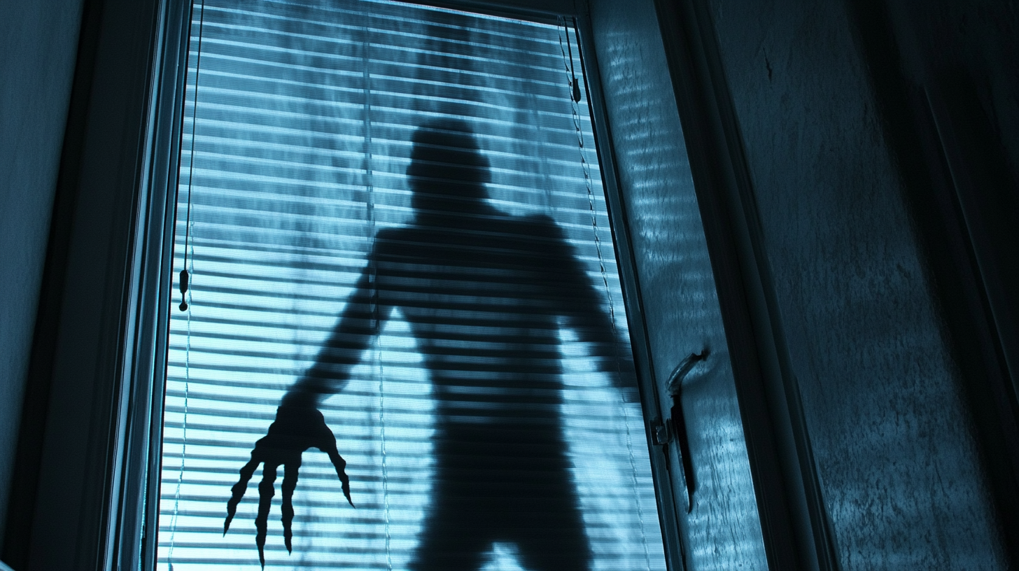 Shadow of man with knife behind closed door.