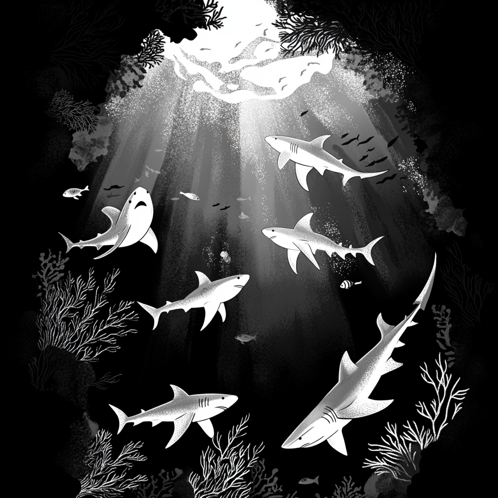 Sharks swimming with rays and coral underwater view