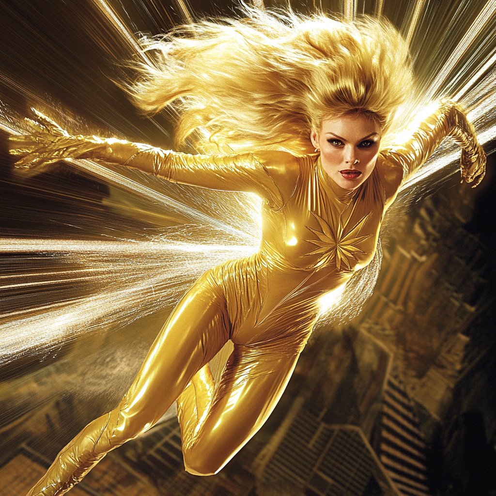 Sharon Stone, 1970s superhero with golden hair, flying.