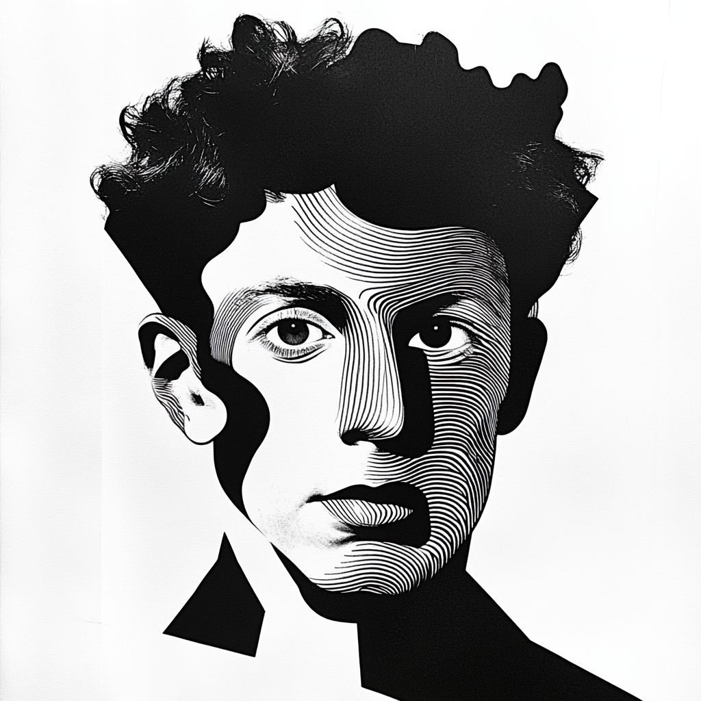 Sharp, angular portrait of Sam Altman in black and white.