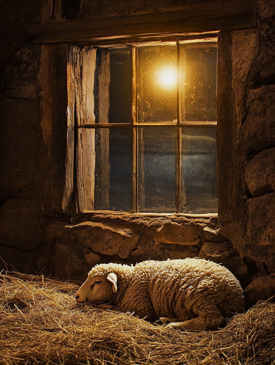 Sheep eating straw in stable with rustic window