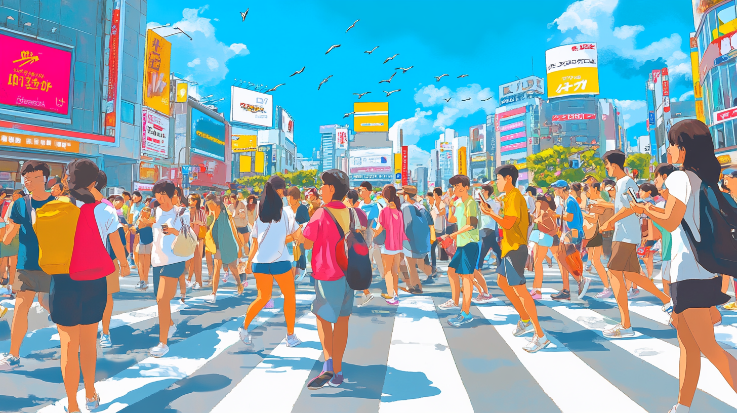 Shibuya Crossing: Busy Disney-Pixar Style Illustration