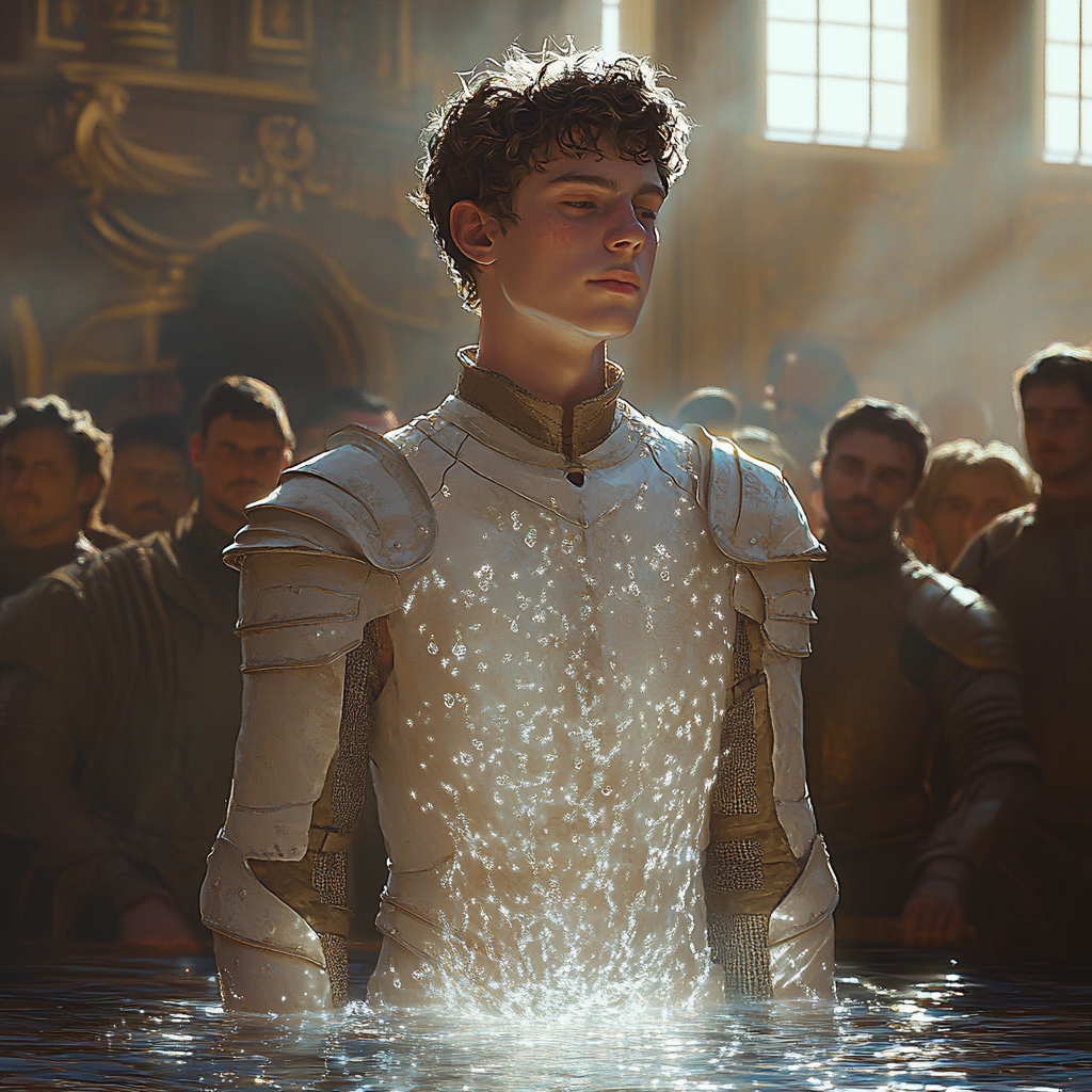 Shimmering man in royal chamber with water-like appearance