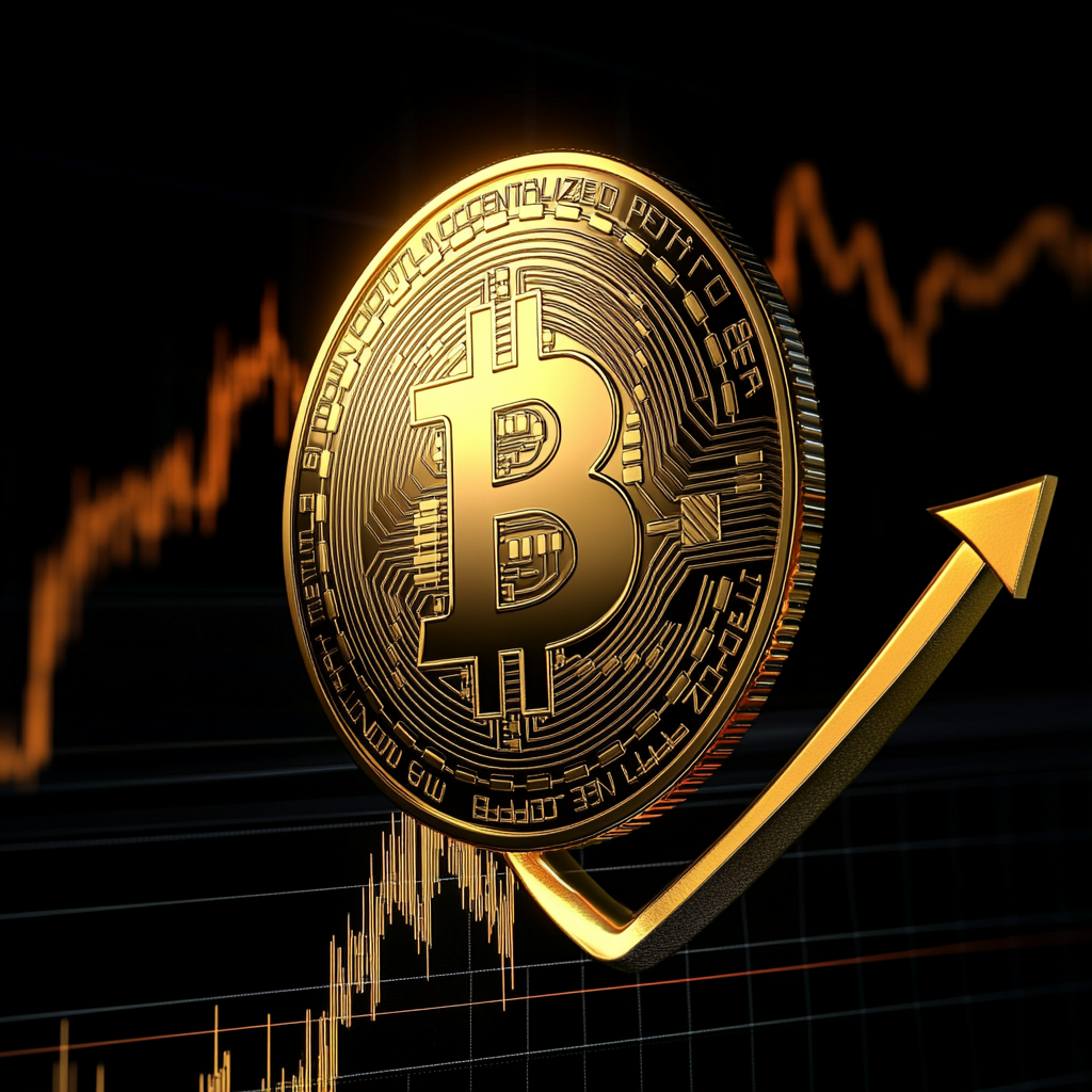 Shiny Bitcoin Logo Rides Upward Arrow Growth