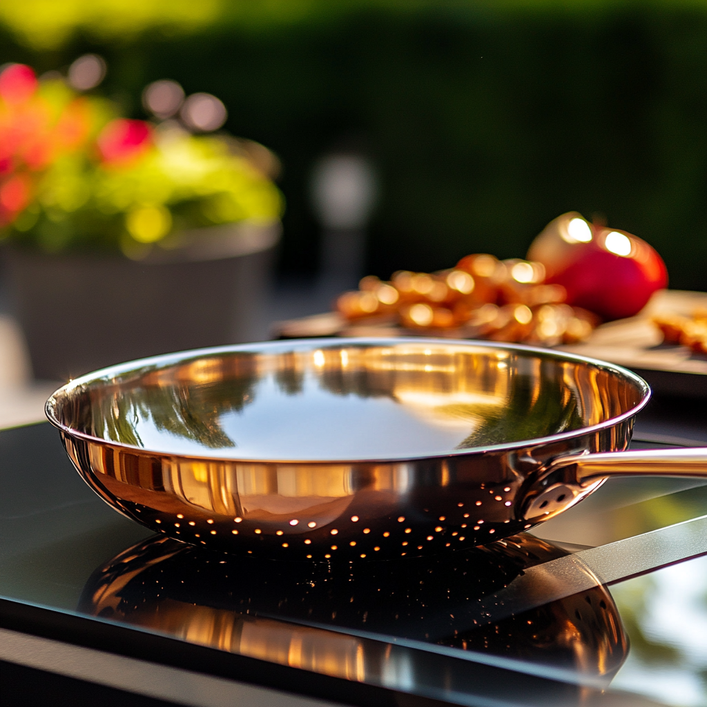 Shiny Copper Pan Cooking Steak on Grill