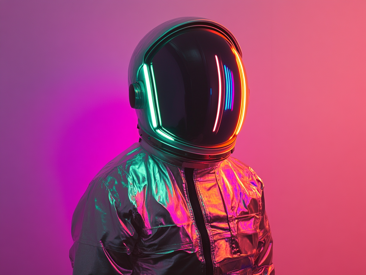 Shiny astronaut suit with neon lights on display