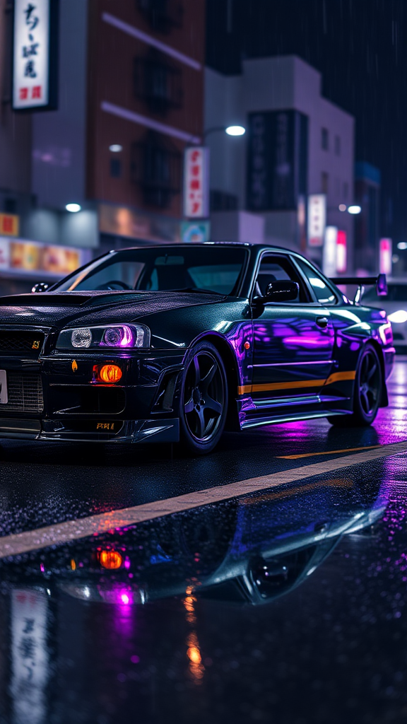 Shiny black car with red headlights in Japan.