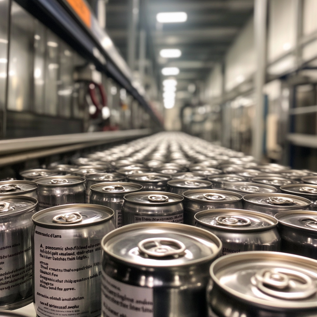 Shiny cans in rows, factory lights reflect quality.