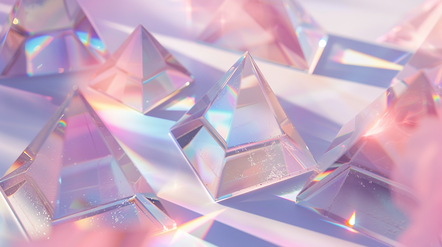 Shiny crystal pyramid with rainbow reflections in light