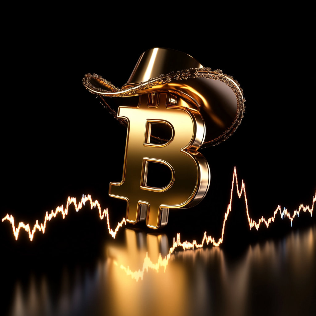 Shiny gold cowboy Bitcoin on rising black chart