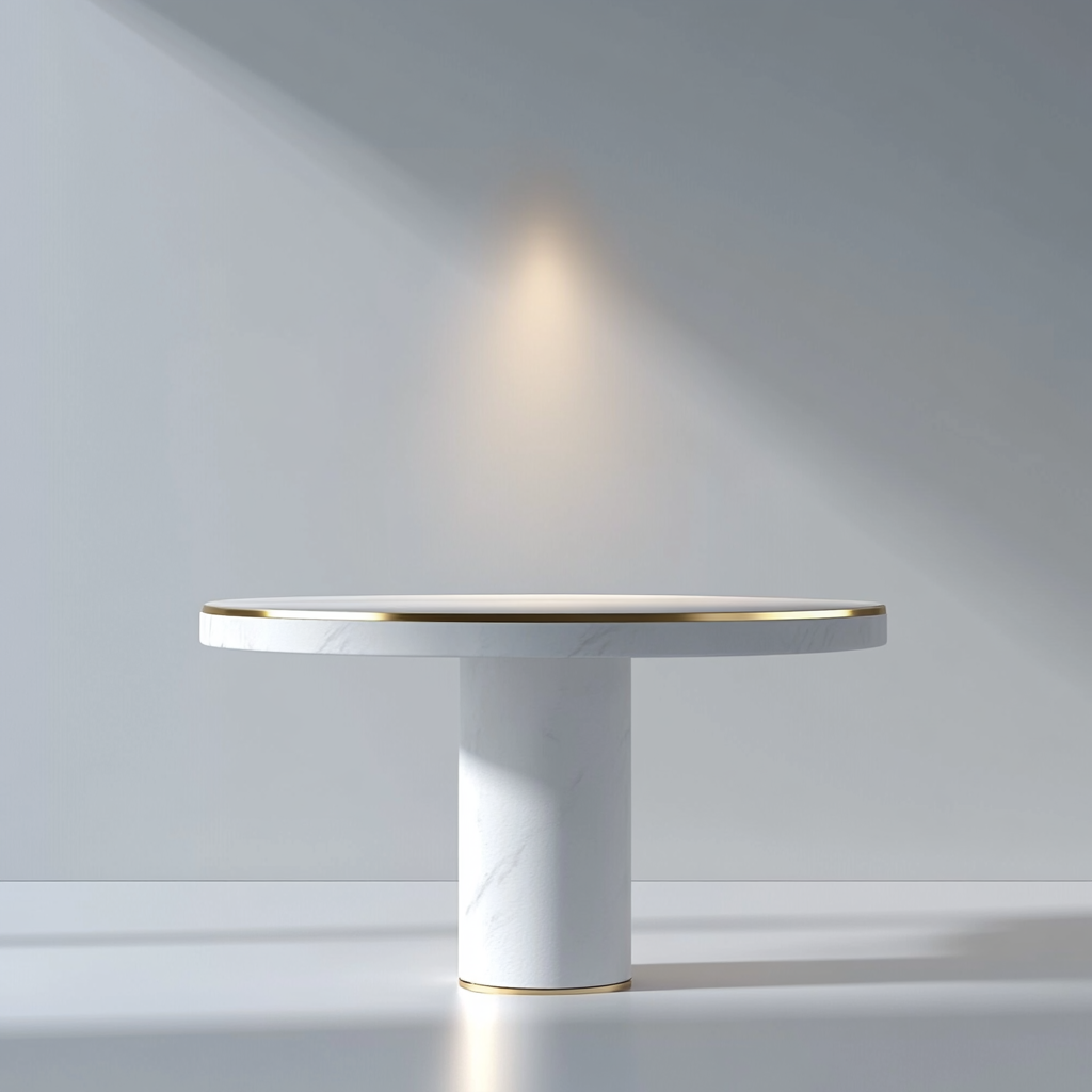 Shiny gold-rimmed table under spotlight on grey background