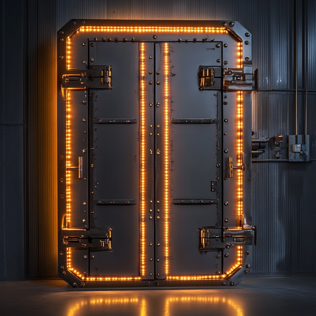 Shiny metal doors with glowing lights opened inside.