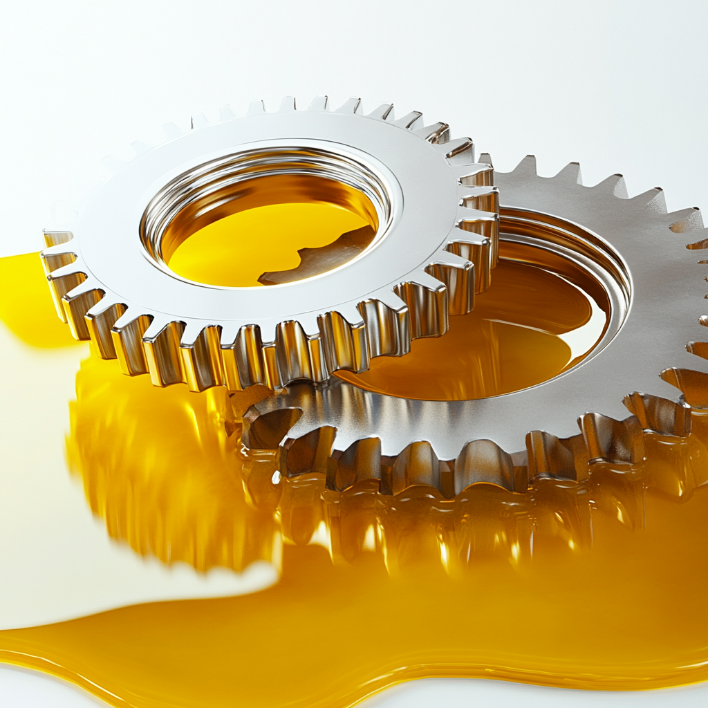 Shiny metallic gears on yellow viscous grease 