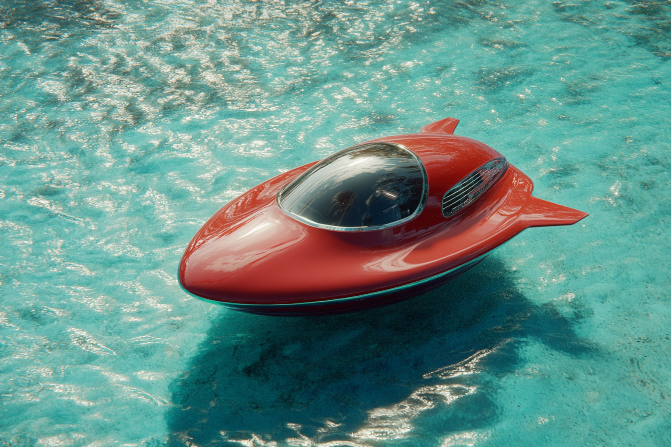 Shiny red UFO flies over blue ocean