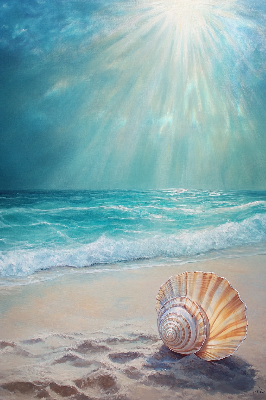 Shiny seashell on sand with ocean backdrop