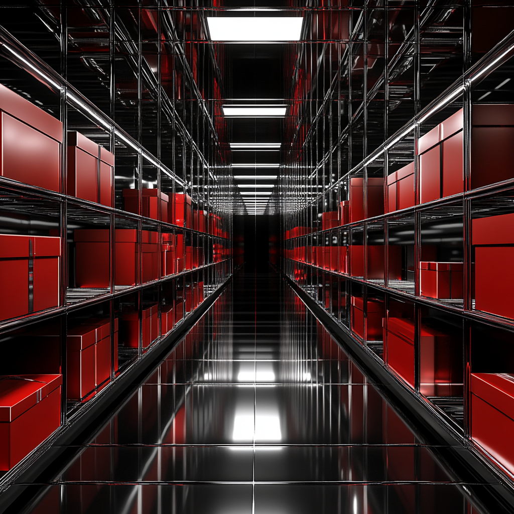 Shiny silver hallway with glowing red boxes