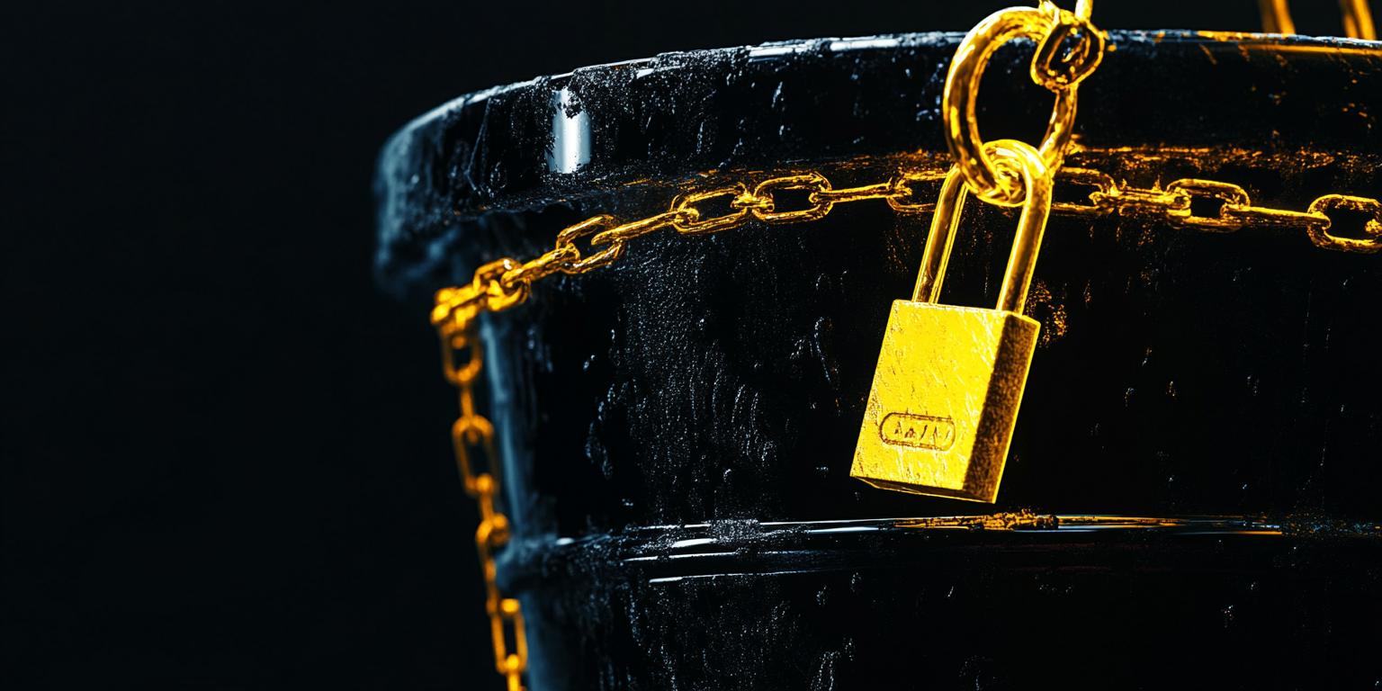 Shiny yellow lock on bucket in the dark