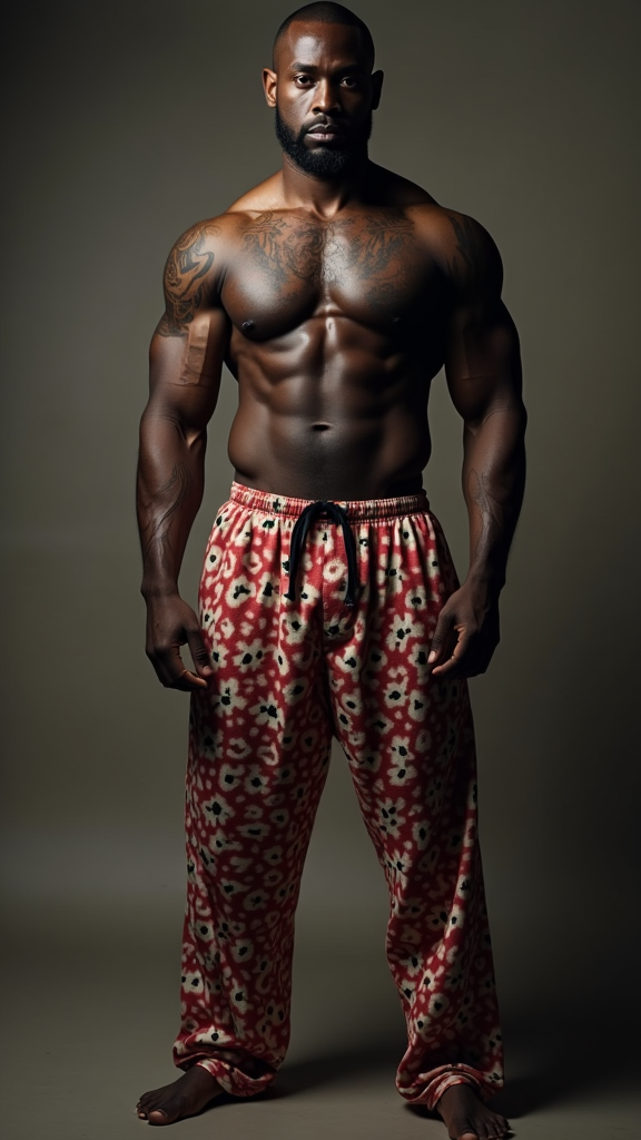 Shirtless African American Man with Tattoos in PJs