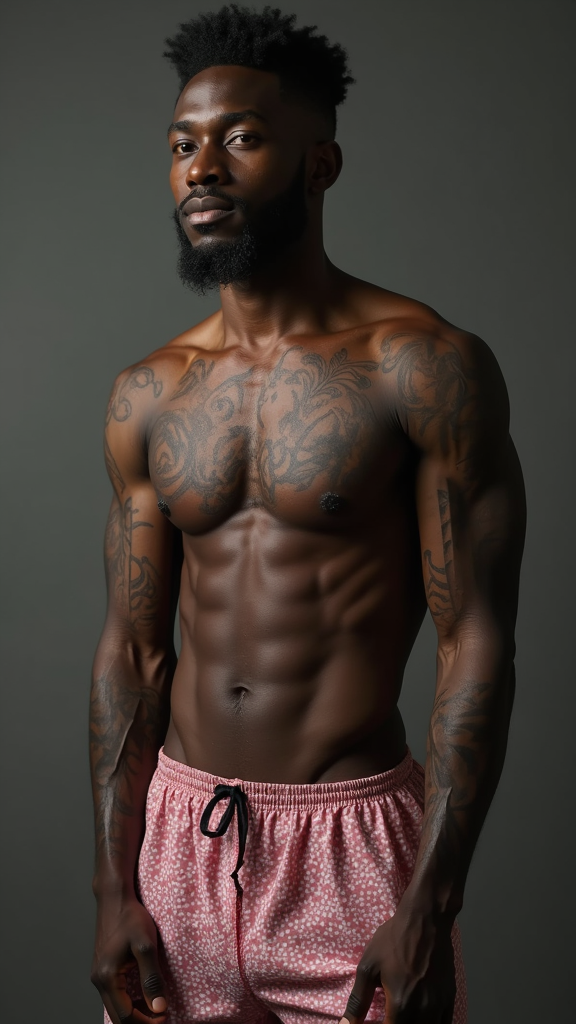 Shirtless African American Man with Tattoos in Pajamas