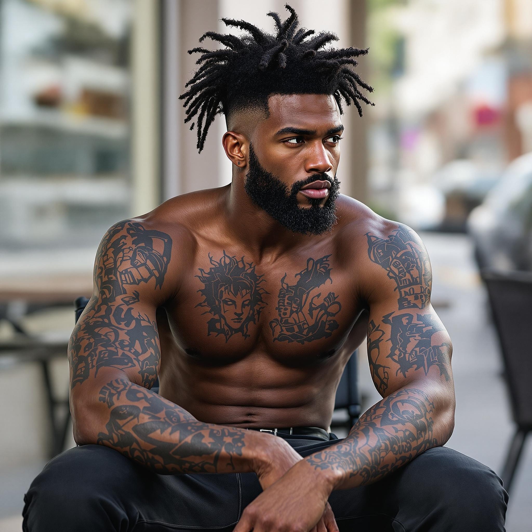 Shirtless Black Man with Tattoos in Urban Setting