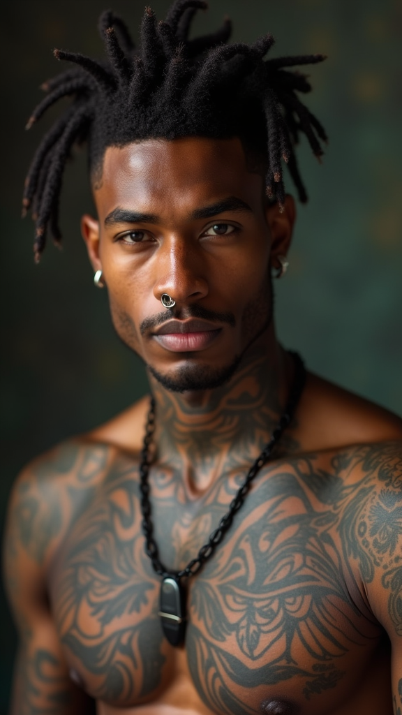 Shirtless Tattooed Man with Urban Hairstyle
