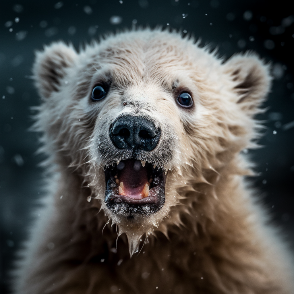 Shocked polar bear cub dropping fish in snow