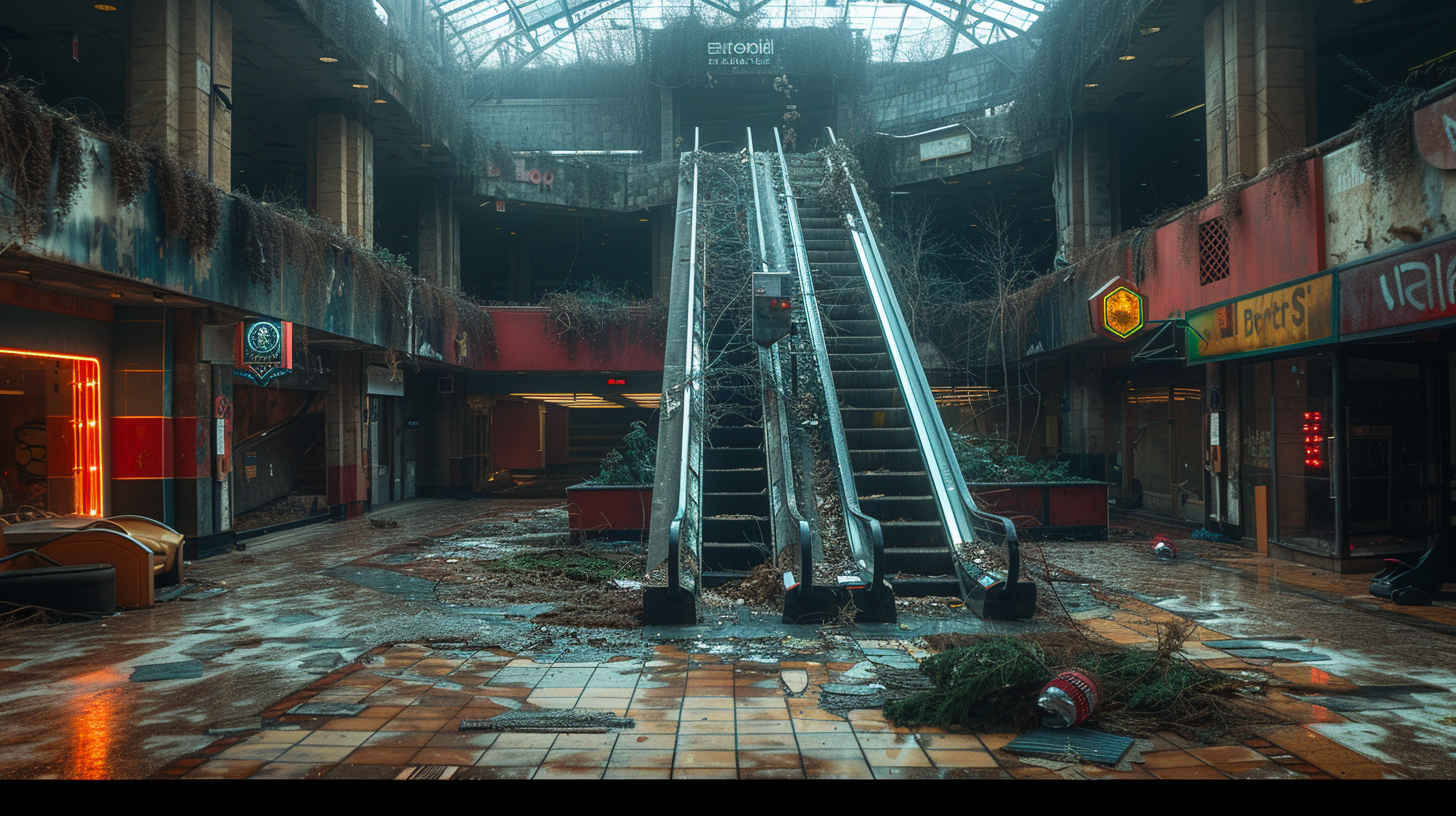 Shopping mall decaying, broken glass, empty storefronts, escalators frozen.