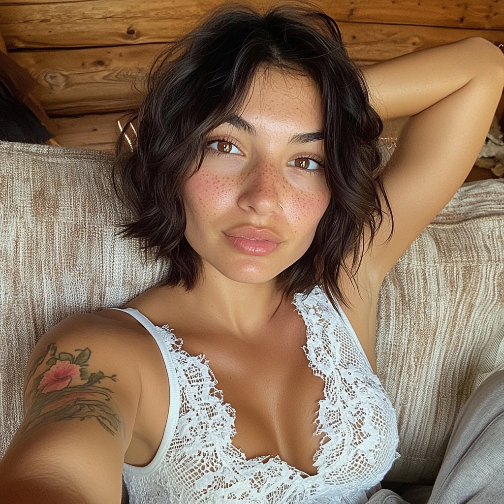 Cute Native American woman taking selfie in cabin