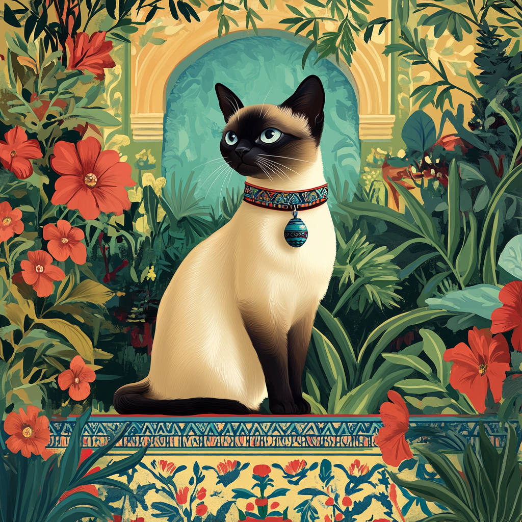 Siamese Cat With Moroccan Collar in Lush Garden